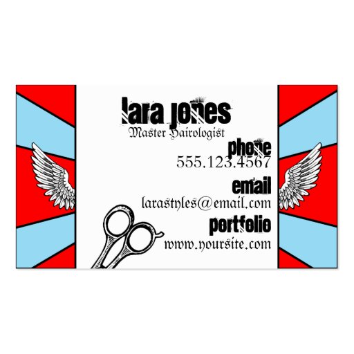 hair stylist scissors wings tattoo retro cosmo business cards (back side)