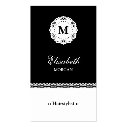 Hairstylist Black White Lace Monogram Business Card (front side)