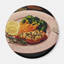 Halibut steak with carrots  flowers fridge magnets