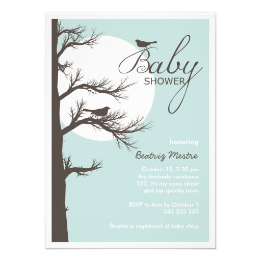Halloween Baby Shower Blue Brown Bird Tree Moon Personalized Invitations