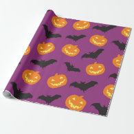 Halloween Bats & Carved Pumpkins on Purple Wrapping Paper