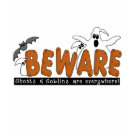 kids_basic_dark_tshirt - Halloween Beware T-shirts, sweatshirts, bodysuits, mugs, cards, stickers, trick or treat tote bags, and other Halloween clothing and gifts with a ghost and bat design that warns to beware the ghosts and goblins that are everywhere!: Sizes  Available colors: black