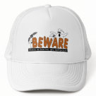 trucker_hat - Halloween Beware T-shirts, sweatshirts, bodysuits, mugs, cards, stickers, trick or treat tote bags, and other Halloween clothing and gifts with a ghost and bat design that warns to beware the ghosts and goblins that are everywhere!: Sizes  Available colors: white_white