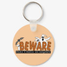 round_keychain - Halloween Beware T-shirts, sweatshirts, bodysuits, mugs, cards, stickers, trick or treat tote bags, and other Halloween clothing and gifts with a ghost and bat design that warns to beware the ghosts and goblins that are everywhere!: Sizes 