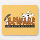 standard_mousepad - Halloween Beware T-shirts, sweatshirts, bodysuits, mugs, cards, stickers, trick or treat tote bags, and other Halloween clothing and gifts with a ghost and bat design that warns to beware the ghosts and goblins that are everywhere!: Sizes 