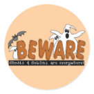 round_sticker - Halloween Beware T-shirts, sweatshirts, bodysuits, mugs, cards, stickers, trick or treat tote bags, and other Halloween clothing and gifts with a ghost and bat design that warns to beware the ghosts and goblins that are everywhere!: Sizes 