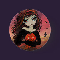 Halloween Big Eye Girl with Pumpkin Button buttons