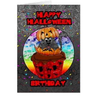 halloween birthday greeting card with cupcake cat