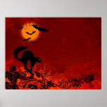 Halloween Black Cat and Bats Print