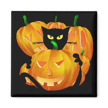 Halloween Black Cat and Pumpkins blackbg magnets by Lotacats Halloween Black Cat and Pumpkins blackbg magnets