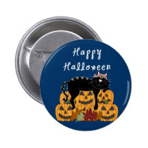 Halloween Black Cat and Pumpkins Button