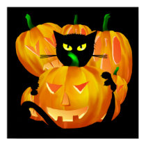Halloween Black Cat and Pumpkins poster posters
