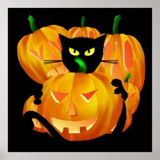 Halloween Black Cat and Pumpkins poster print