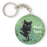 Halloween Black Cat in Grass Looks Curious Keyring Keychain
