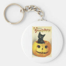 Halloween, Black Cat inside a Pumpkin Key Chains