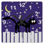 Halloween Black Cat on Fence Wall Clocks