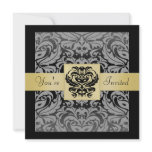 Halloween Black Mask Damask Gold Ribbon Invitation