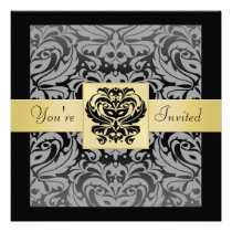 Halloween Black Mask Damask Gold Ribbon Invitation