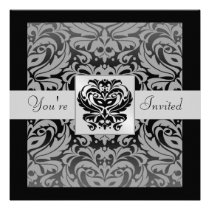 Halloween Black Mask Damask Gray Ribbon Invitation