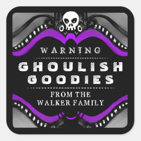 Halloween Black Purple White Treat Warning Label Square Sticker