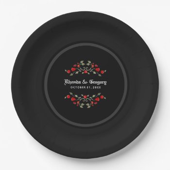 Halloween Black & Red Roses Matching Wedding 9 Inch Paper Plate by juliea2010 at Zazzle