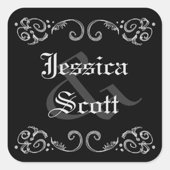Halloween Black & White Gothic Matching Names Square Sticker by juliea2010 at Zazzle