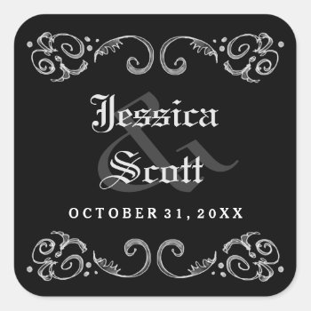 Halloween Black White Gothic Names & Wedding Date Square Sticker by juliea2010 at Zazzle