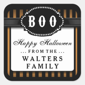 Halloween BOO Orange & Black Striped Treat Label Square Sticker