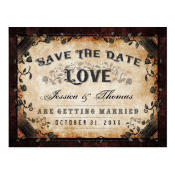 Halloween Brown Gothic Love Save Date Postcard by juliea2010 at Zazzle