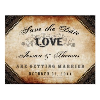 Halloween Brown Gothic Love Save Date Postcard by juliea2010 at Zazzle