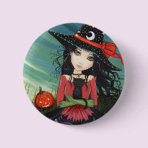 Halloween Button Pin Witch Cat Art