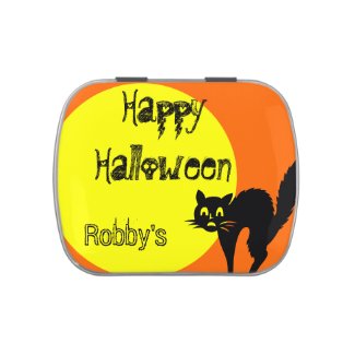 HALLOWEEN CANDY TIN : BLACK CAT, ORANGE & YELLOW