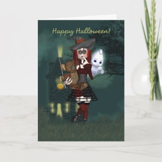 Halloween Card - Witch With Deadybear And Ghost card