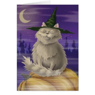 Halloween card with big smug witches cat