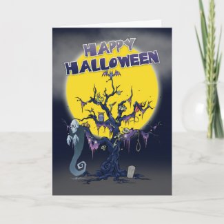 halloween card with spooky tree and ghoul card