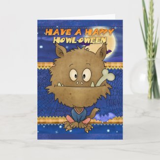 halloween card with wolf cobwebs and happy bats card
