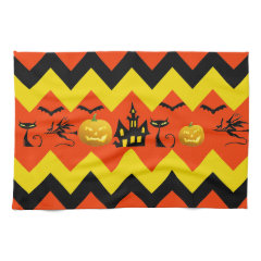 Halloween Chevron Haunted House Black Cat Pattern Kitchen Towels