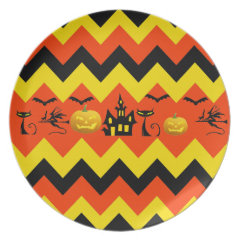 Halloween Chevron Haunted House Black Cat Pattern Dinner Plates