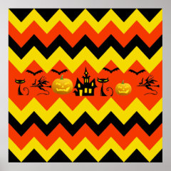Halloween Chevron Haunted House Black Cat Pattern Print