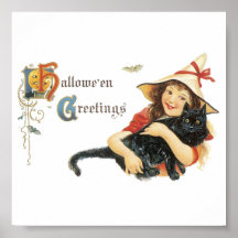 Halloween Child Witch with Black Cat Poster