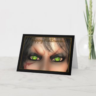 Halloween eyes card, green evil Witches halloween card