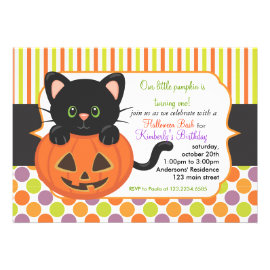 Halloween First Birthday Party Cute Pumpkin Cat Custom Announcement