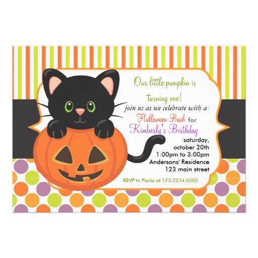 Halloween First Birthday Party Cute Pumpkin Cat Custom Announcement (front side)