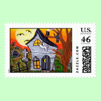 Halloween Folk Art Haunted House Scene stamps