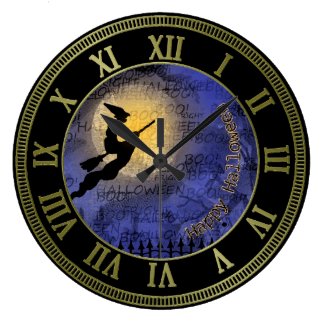 Halloween Full Moon and Witch Round Clock