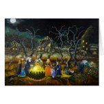 Halloween greeting card,witches,cauldron,pumpkins