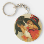 Halloween Greetings from a Girl and Her Kitten Keychain