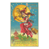 Halloween Greetings Woman On Broom posters