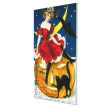 Halloween Greetings Woman on Jack-o-Lantern Canvas Print