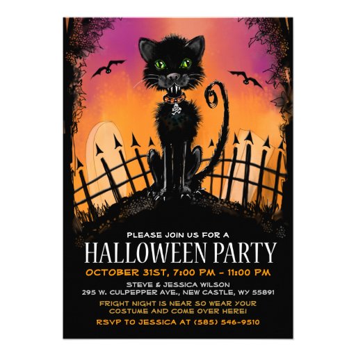 Halloween Invite - Scary Cat in Graveyard (front side)
